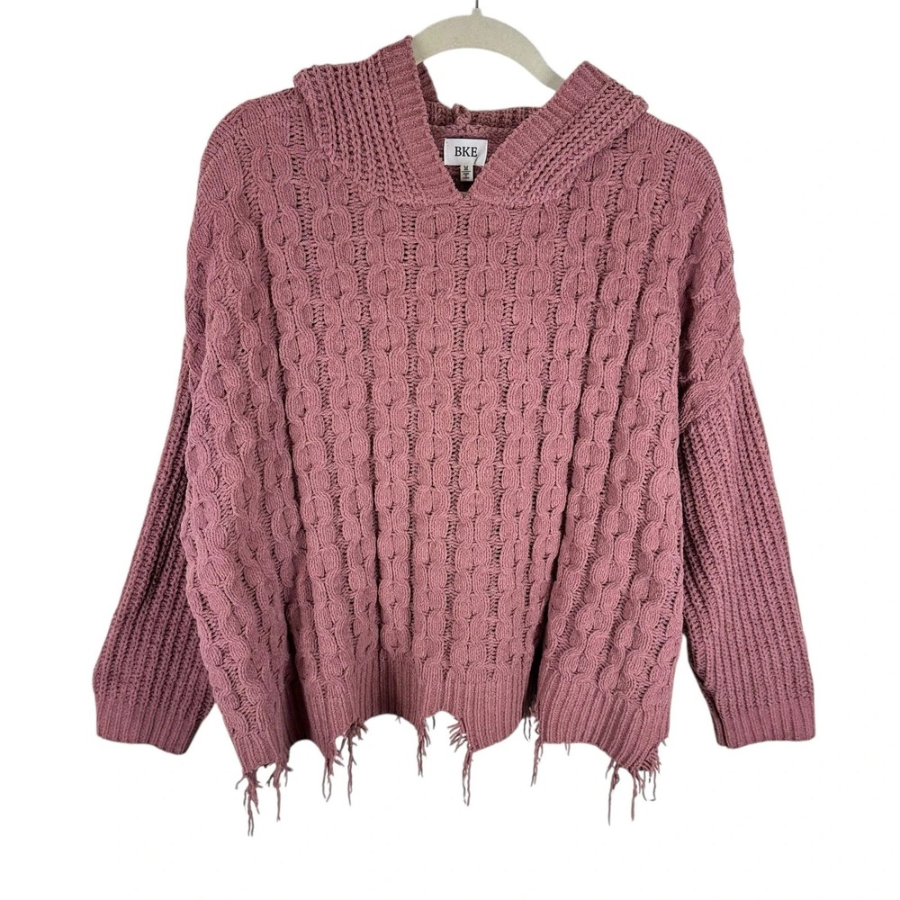 BKE Mauve Hooded Long Sleeve Raw Hem Chenille Oversize Pullover Sweater Size M